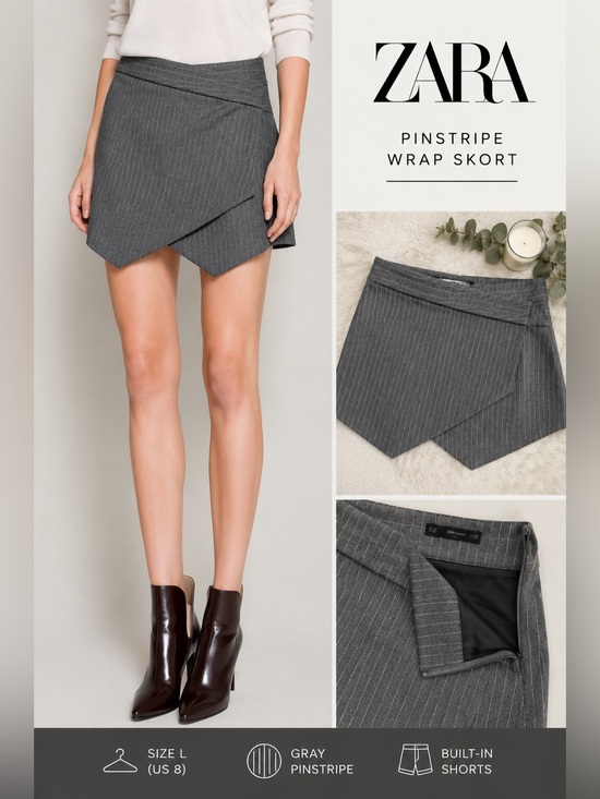 Zara Pants - 3/$25 ✨ Zara Basic Gray Pinstripe Asymmetrical Wrap Mini Skort Size L